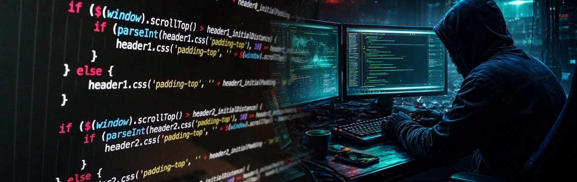A blended banner showing JavaScript code on the left and a hacker workstation on the right
